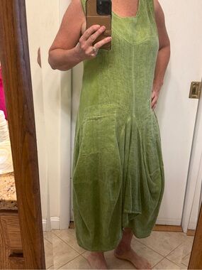 Tempo Paris Olive Green Sleeveless Midi Drop-Hem linen Dress